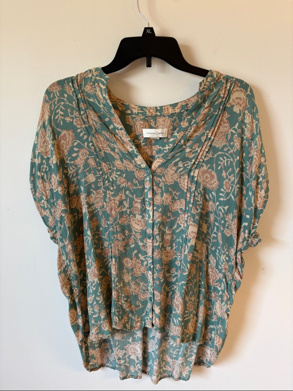 Treasure & Bond Teal and Tan Floral Button-Front Blouse
